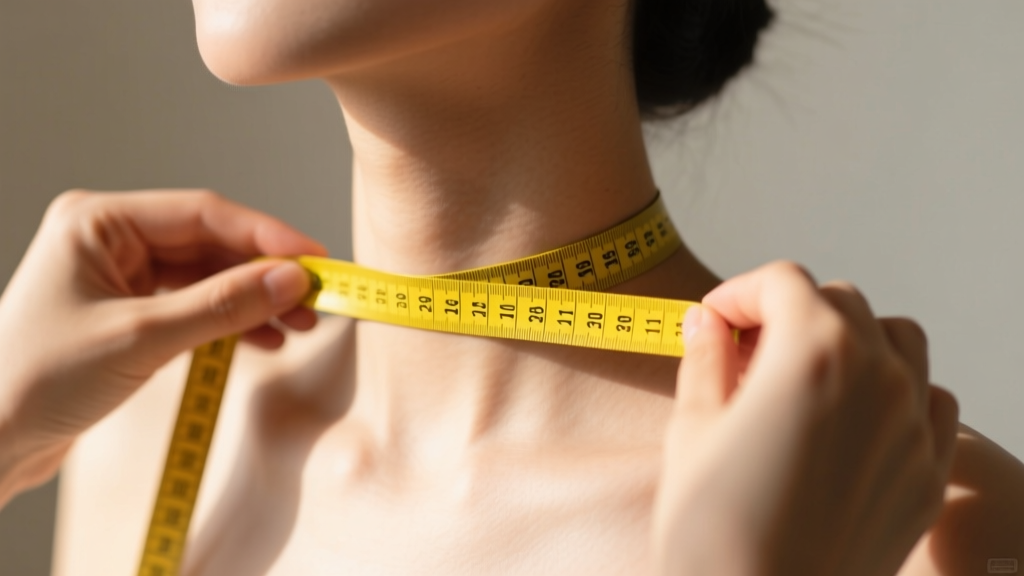 Hands using a yellow tailor tape around a bare neck to find exact necklace sizes against a softly blurred background