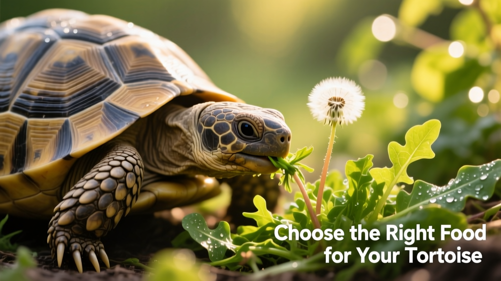 Close-up of a healthy tortoise grazing on fresh dandelion greens in natural sunlight