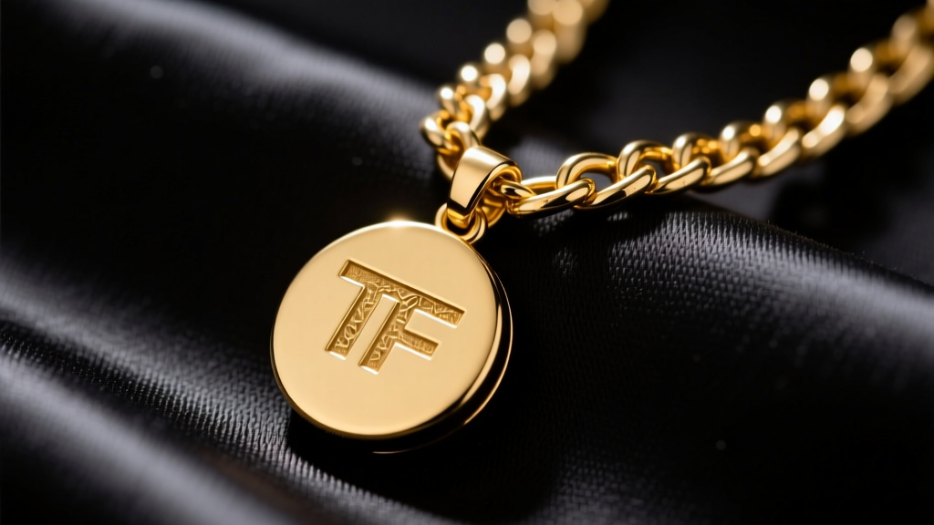 Macro shot of a bold Tom Ford gold-plated brass pendant necklace on dark silk, showing the logo engraving and thick chain links.