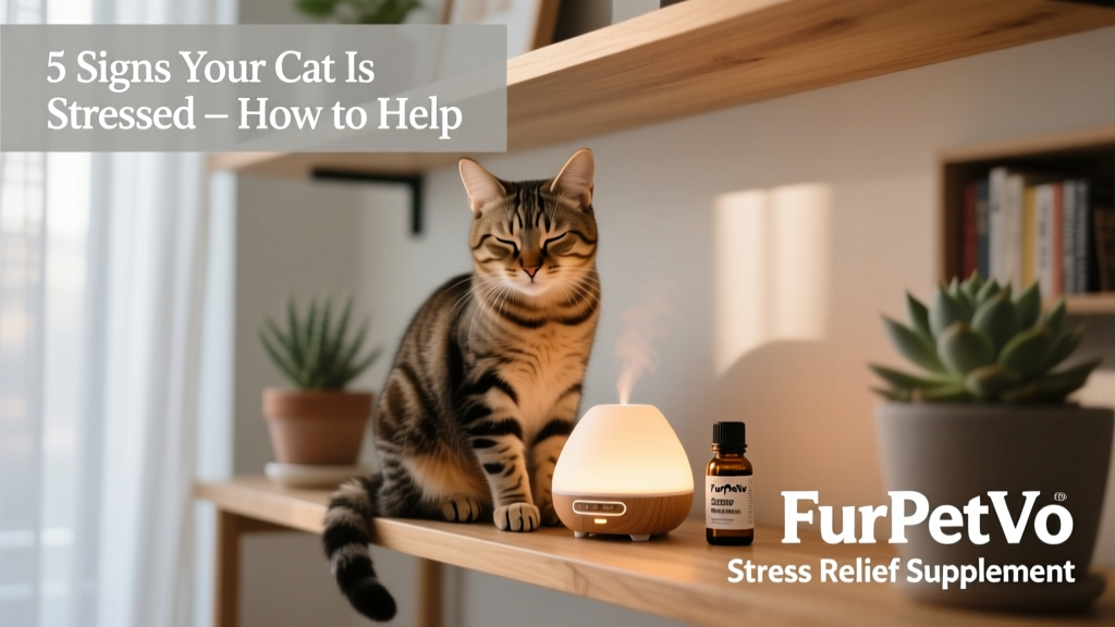 A relaxed cat sitting calmly beside a softly glowing FurPetVo calming diffuser on a shelf, with a small bottle of FurPetVo Stress Relief Supplement nearby