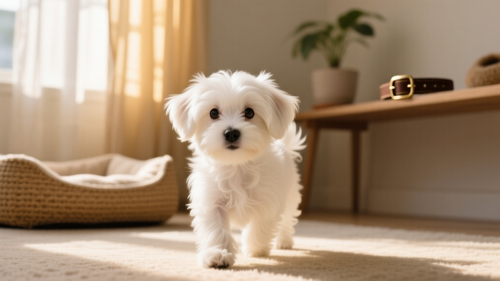 White maltese puppy approaches camera