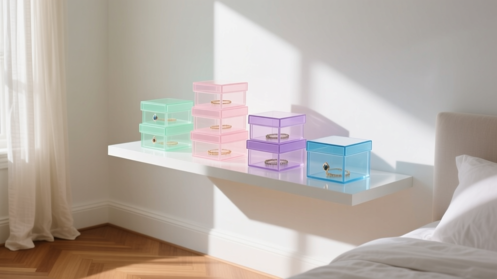 Stackable translucent PETG jewelry boxes in pastel hues, arranged on a floating shelf in a bright, minimalist bedroom space