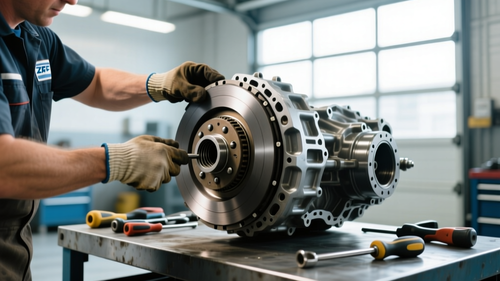 Mechanic installing a heavy-duty clutch disc onto a 7.3L Power Stroke ZF5 transmission flywheel in a well-lit garage.