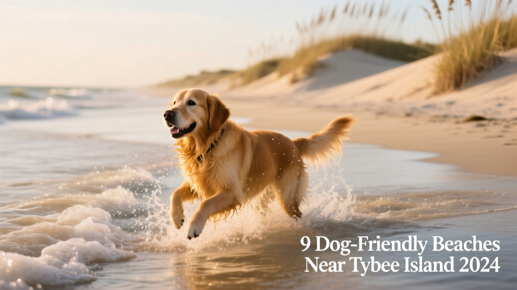 A golden retriever happily splashing in shallow waves at a quiet, dog-friendly beach with dunes and sea oats in the background