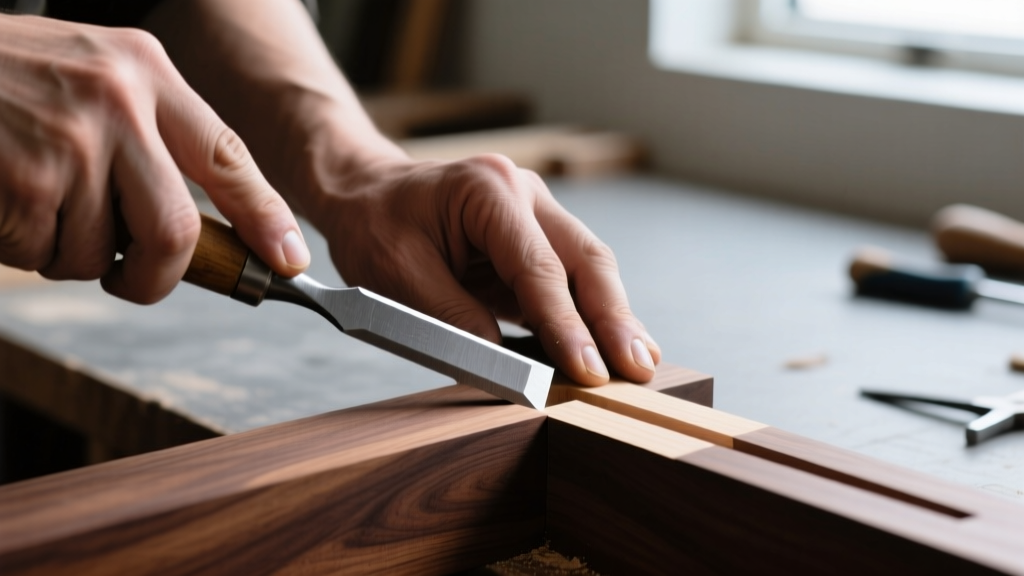 Close-up of hands using a beveled edge bench chisel to pare a precise mortise joint in dark walnut wood on a workbench
