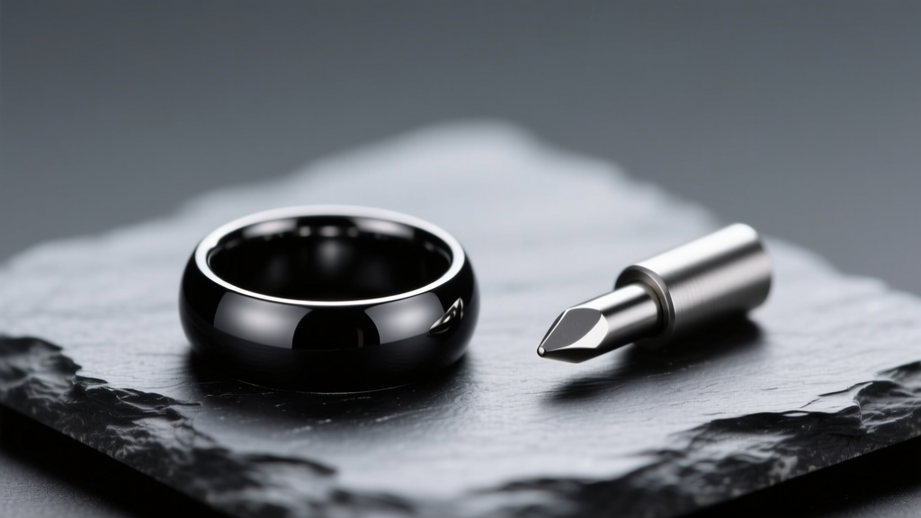 Macro shot of a 14-gauge black niobium captive bead ring on dark slate next to a polished implant-grade titanium insertion taper