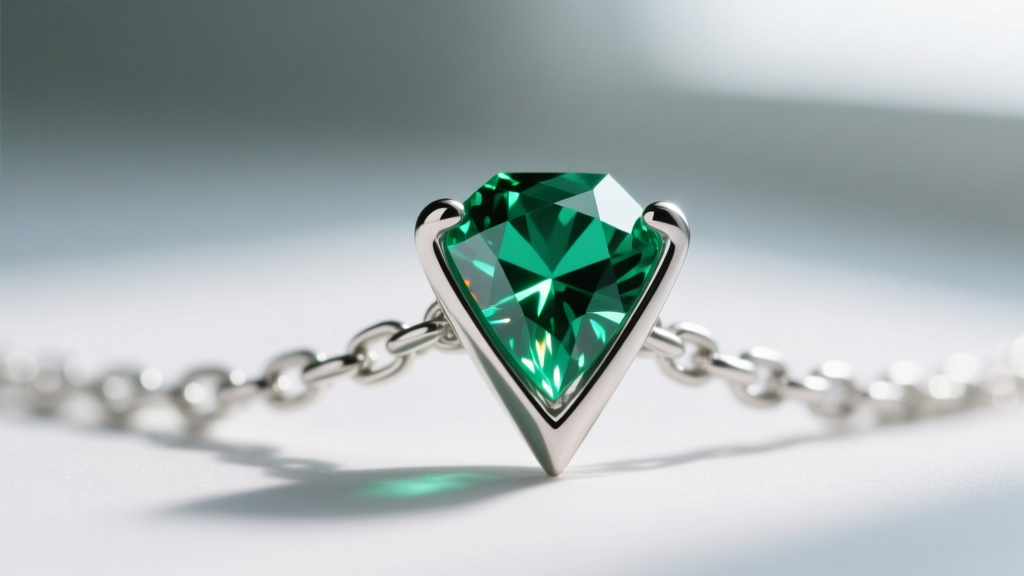 Macro shot of a protective V-prong setting securing the sharp corner of an emerald cut gemstone on a delicate platinum chain