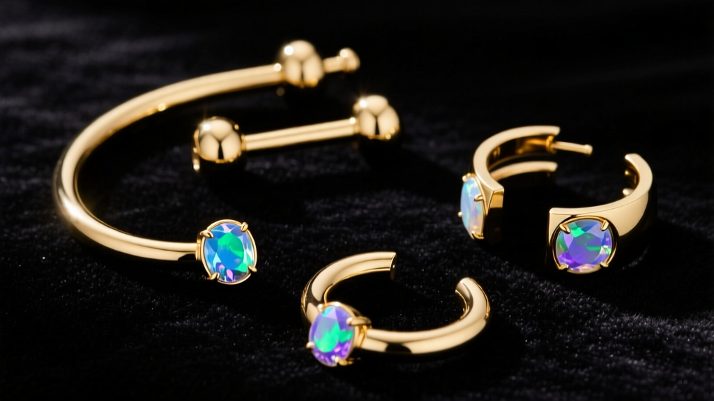 Elegant flat lay of 14k gold curved barbells and C-shaped ear cuffs on dark velvet, soft studio lighting highlighting opal gemstones.