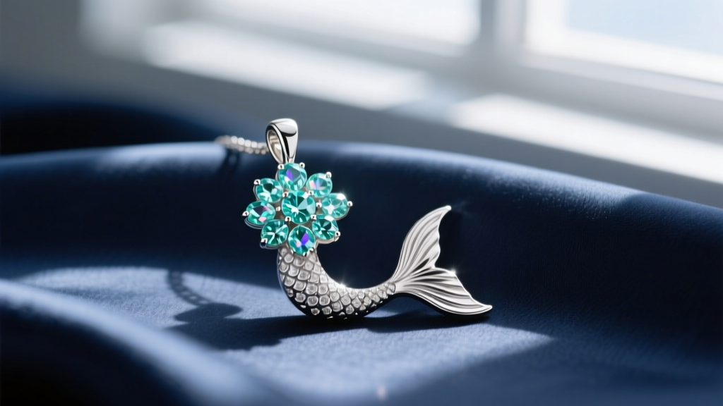 Macro close-up of a sterling silver mermaid tail pendant with bezel-set aquamarine stones catching natural sunlight on silk fabric