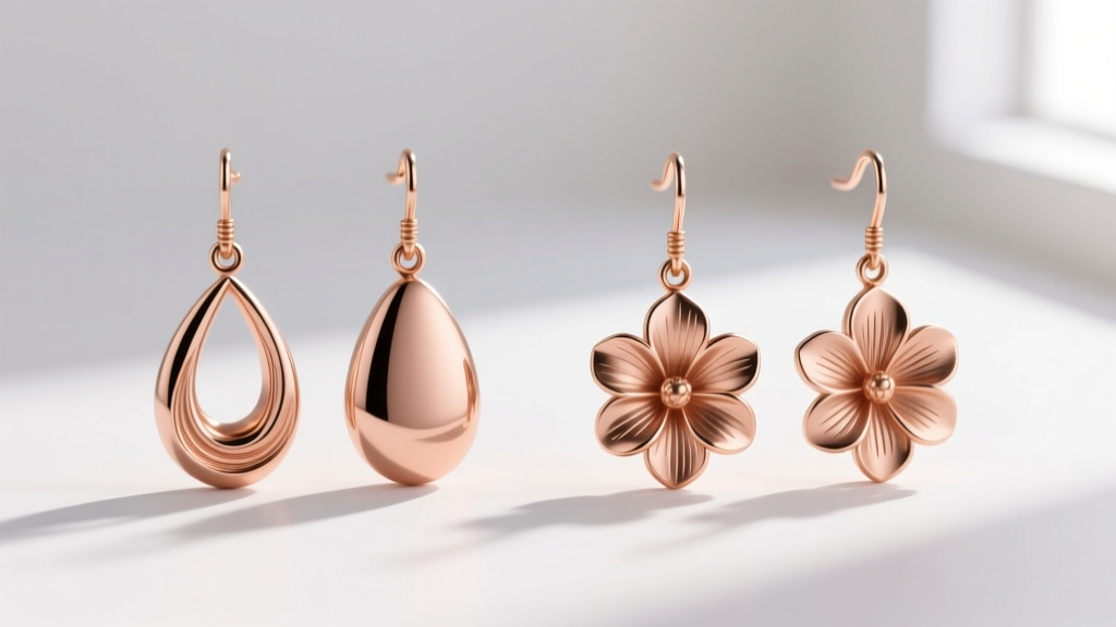 Side-by-side comparison of cast and hand-carved rose gold floral drop earrings highlighting texture and petal edge differences