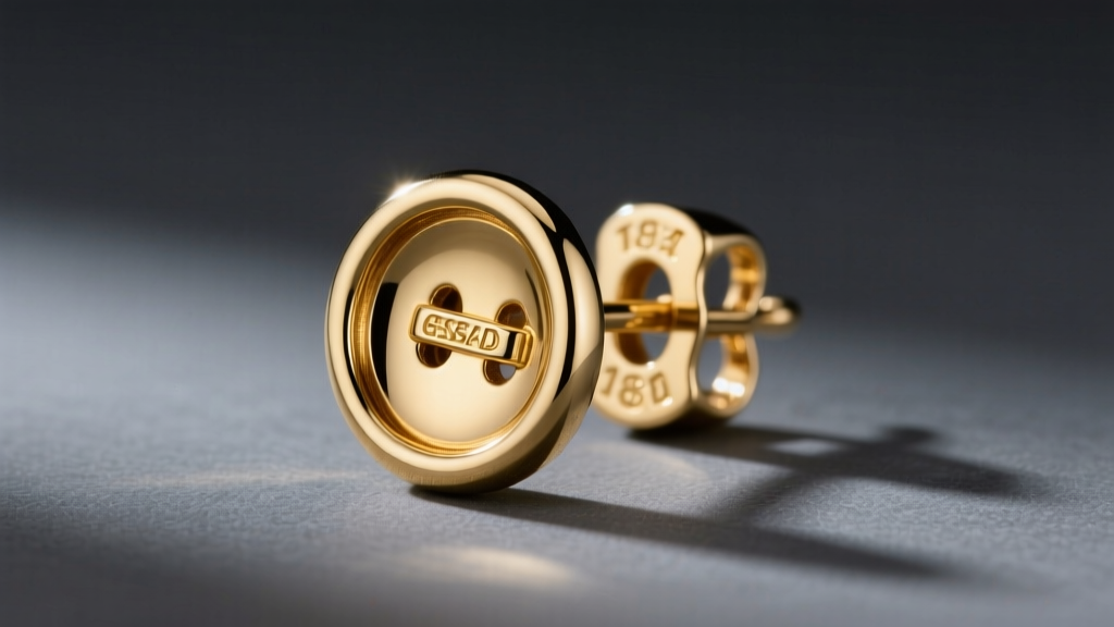 Close-up of an 18k gold button earring featuring a secure omega-clip backing mechanism, isolated against a dark slate backdrop.