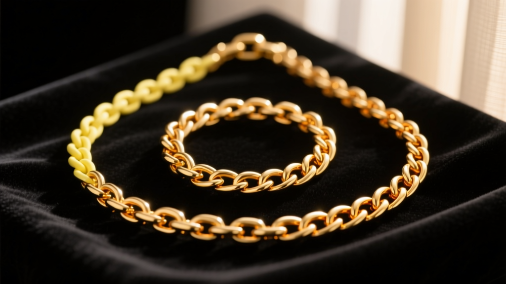 Close-up of three gold chains of varying karats on dark velvet, highlighting subtle color differences in warm, soft lighting.