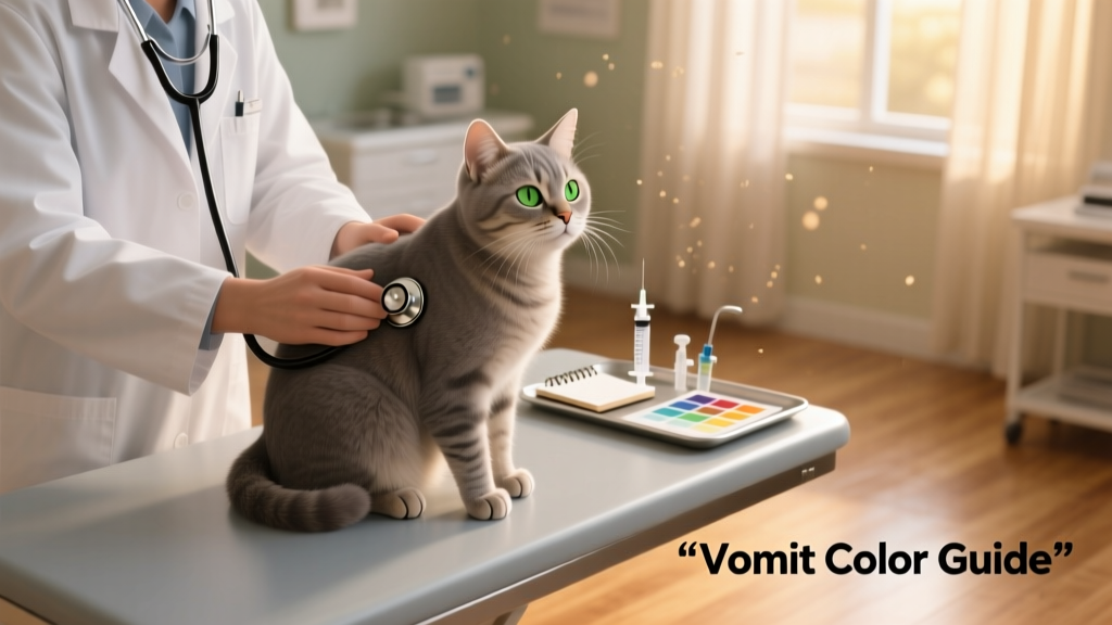 Veterinarian gently examining a calm, seated cat while holding a stethoscope, with a clean exam table and soft lighting in the background