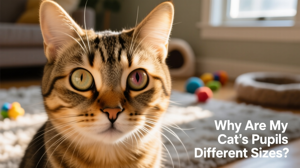 Close-up of a cat's face showing clearly unequal pupil sizes—one dilated, one constricted