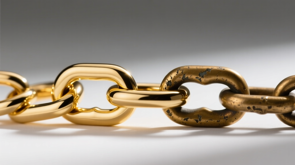 Macro shot of a freshly replated bright 14k gold chain link next to a worn brass link, showing the clear restoration difference.