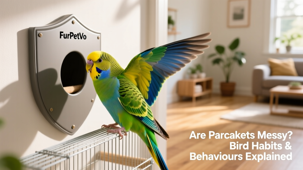 Close-up of a FurPetVo-approved wall shield installed beside a parakeet cage, showing clean, smooth surface next to a brightly coloured bird