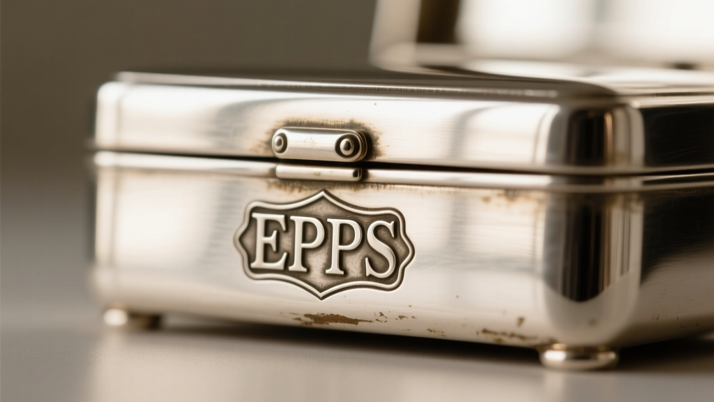 Macro photo of an EPNS hallmark stamped on the base of a vintage silver plated jewelry box, sharp focus on engraved metal letters