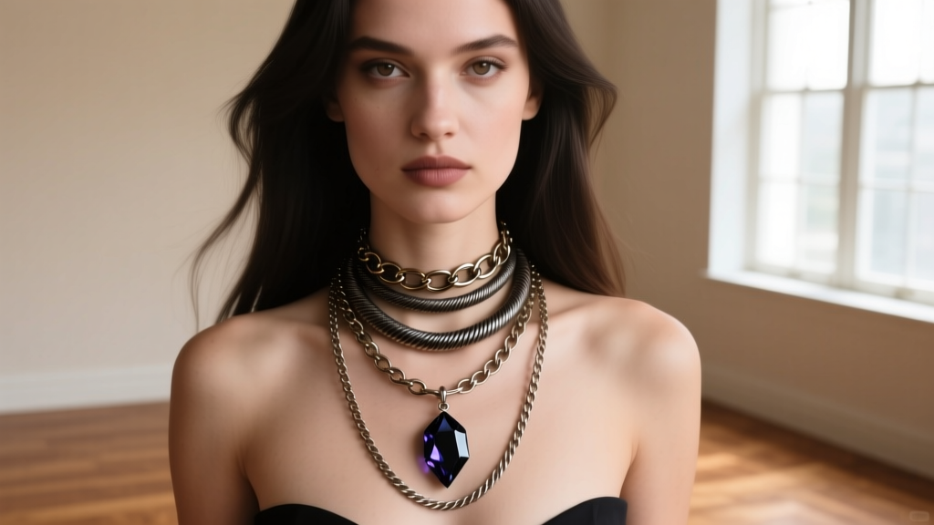 Woman wearing layered witchy necklaces featuring a 20-inch snake chain and an 18-inch cable chain with a dark crystal pendant.