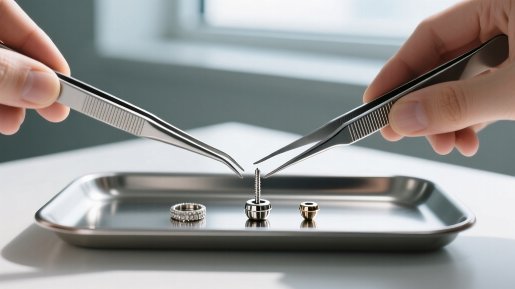 Sterile tweezers swapping a 14-gauge post for a short 16-gauge titanium flat-back labret on a brightly lit clinical metal tray