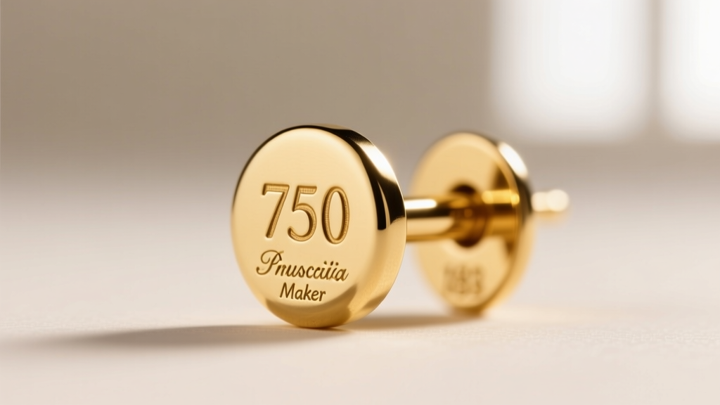 Macro shot of an 18k gold earring post stamped with the 750 purity mark and tiny provincial maker code in sharp focus.