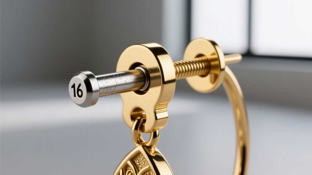 Macro photo of a 16-gauge titanium stud post attached to a heavy 18k gold drop earring, highlighting the hinge