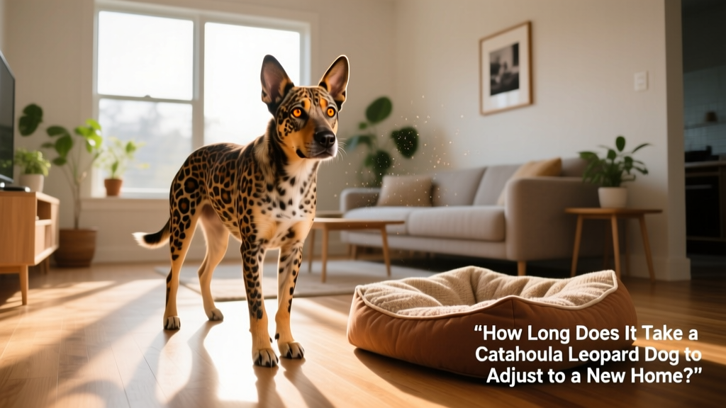A calm Catahoula Leopard Dog exploring a sunlit living room with a soft dog bed nearby