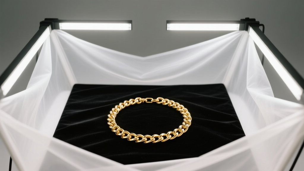 Overhead view of a jewelry photography light tent with two continuous LED panels emitting soft, diffused light onto a gold chain.