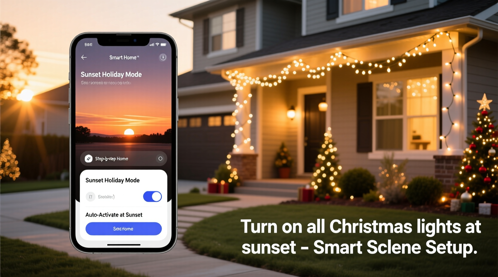 how to use smart scenes to turn on all christmas lights at sunset automatically