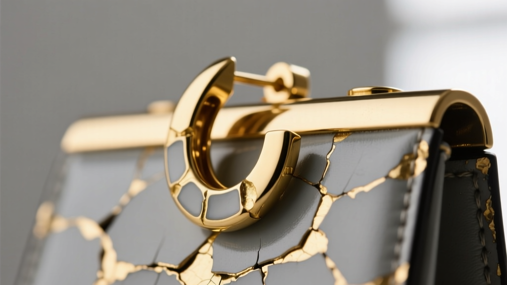 Macro shot of a zinc alloy purse earring showing chipped cold epoxy enamel revealing dull grey base metal under gold plating.