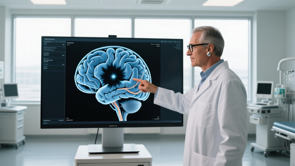 Radiologist pointing at a digital brain scan showing a dark magnetic artifact caused by a metallic earring near the patient's ear.
