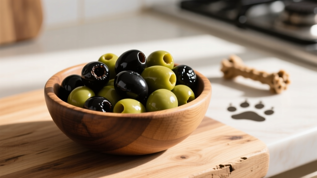 Bowl of plain, pitted black and green olives on a wooden surface