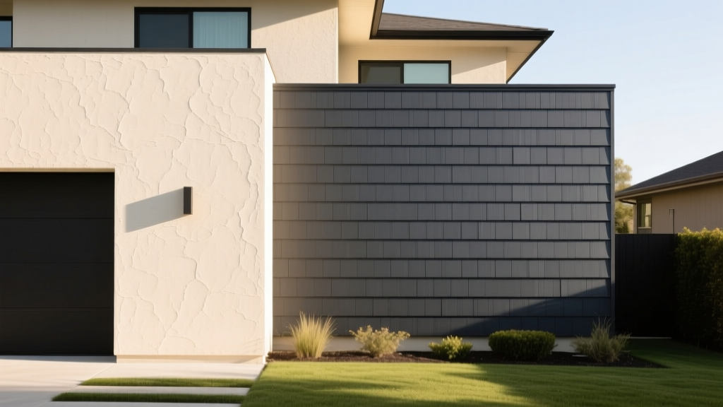Modern home exterior split showing smooth traditional stucco on left and overlapping fiber cement lap siding on right.