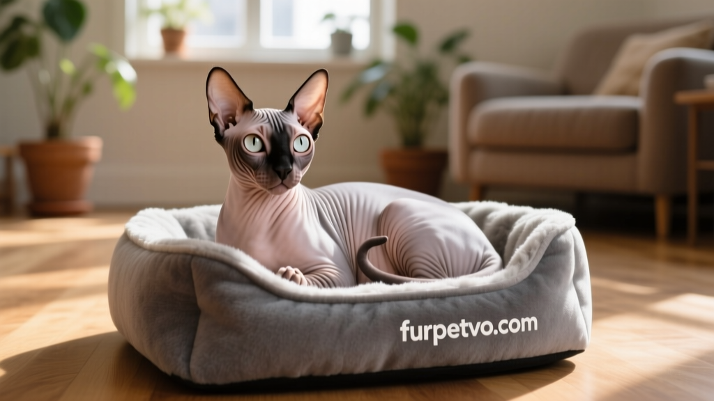 A Donskoy cat nestled comfortably in a cozy heated pet bed purchased from furpetvo.com