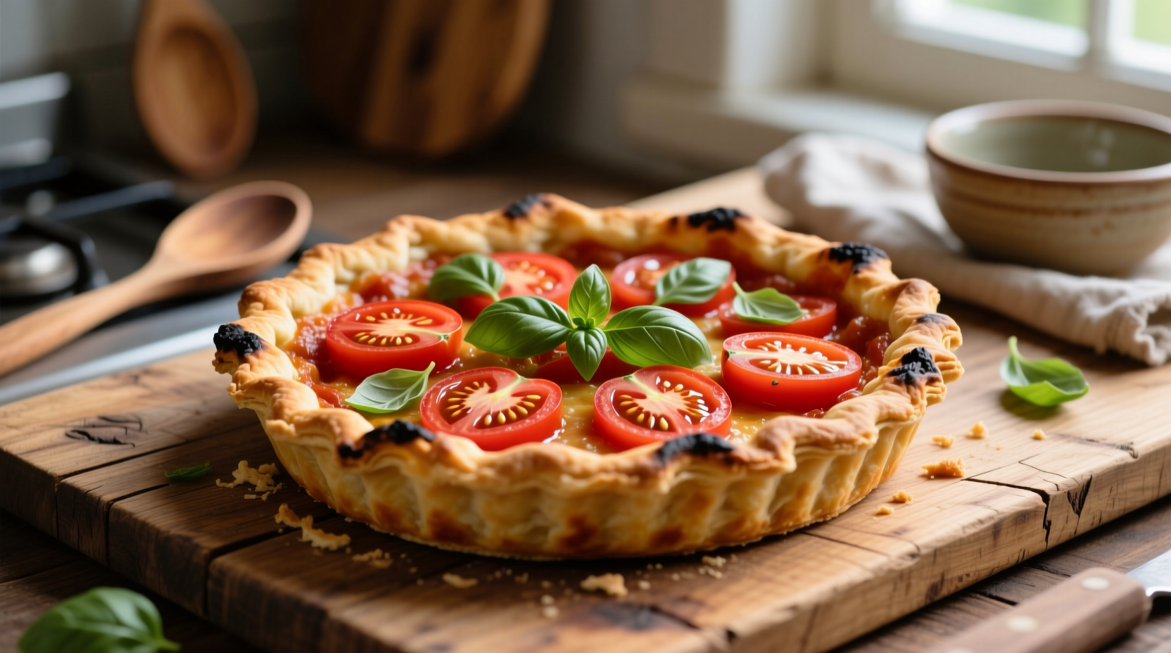 Fresh tomato pie with basil garnish on wooden board