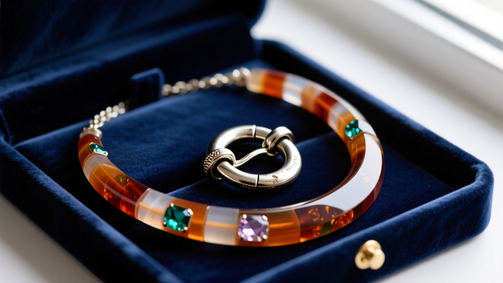 Macro shot of a heavy-duty lobster clasp and reinforced jump ring on a chunky resin long statement necklace in a velvet jewelry box.