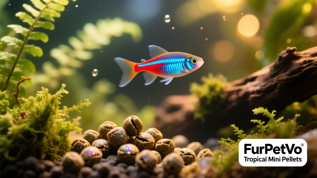 Close-up of FurPetVo Tropical Mini Pellets next to a neon tetra in a clean, well-planted aquarium