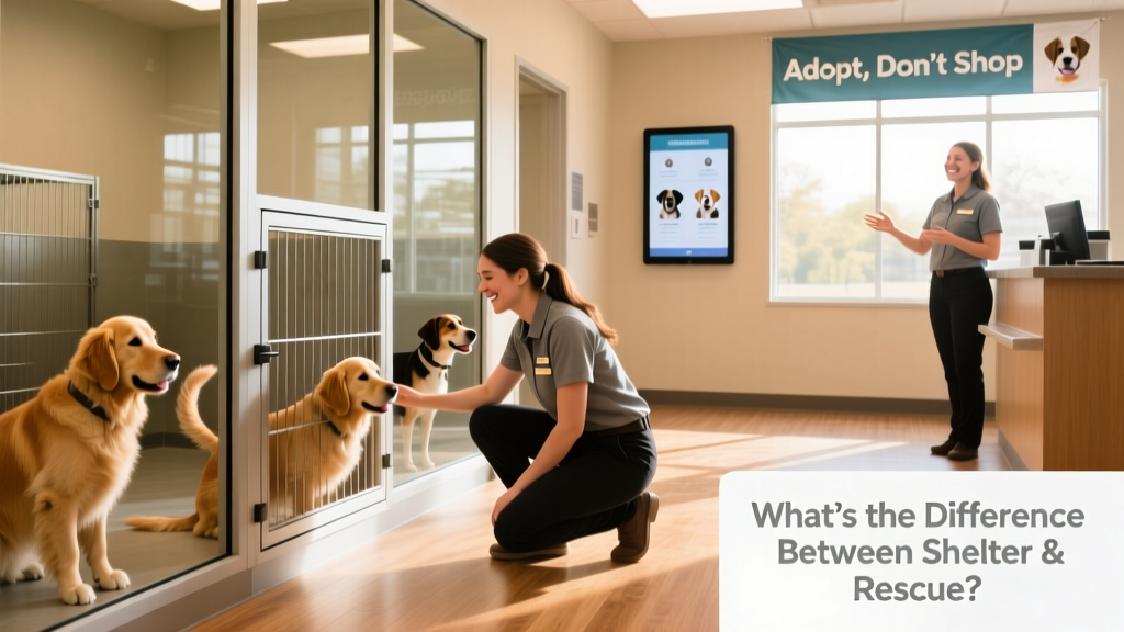 A clean, well-lit animal shelter lobby with friendly staff greeting visitors and adoptable dogs in nearby kennels