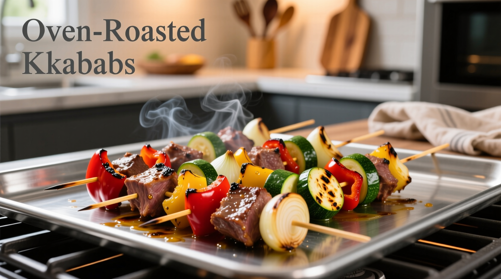 Oven kabobs on baking sheet with vegetables