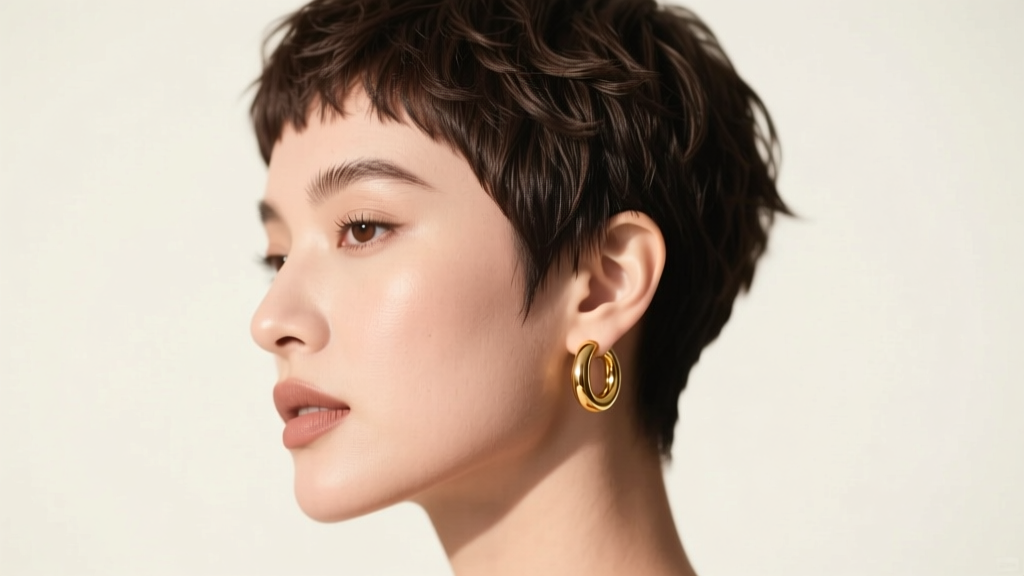 Elegant woman with a textured pixie haircut wearing 12mm gold huggie hoop earrings, soft studio lighting highlighting the jawline