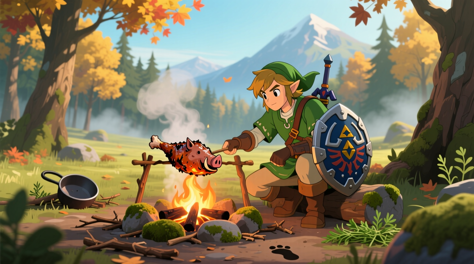 Link cooking at a campfire in Breath of the Wild
