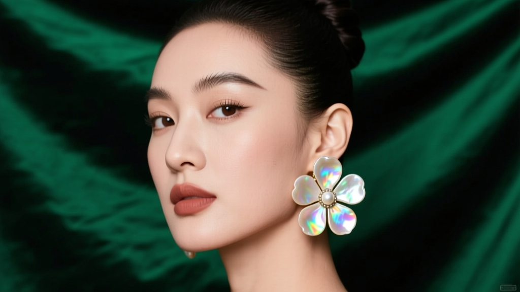 Profile of a woman with an updo wearing large white mother-of-pearl floral earrings against a dark emerald green silk background.