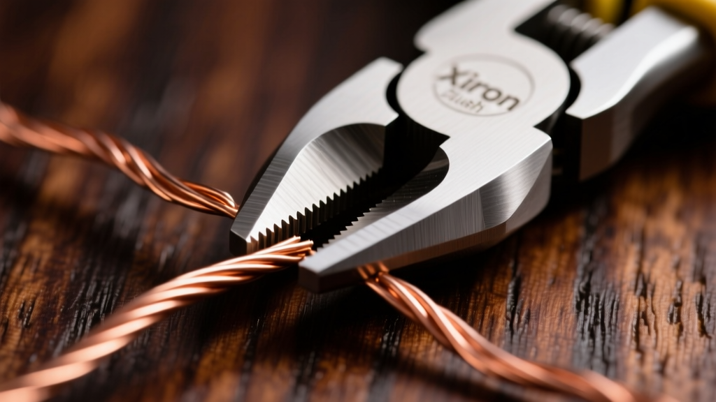 Macro shot of Xuron flush cutters cleanly snipping 20-gauge copper wire, highlighting the precise flush cut on dark wood.
