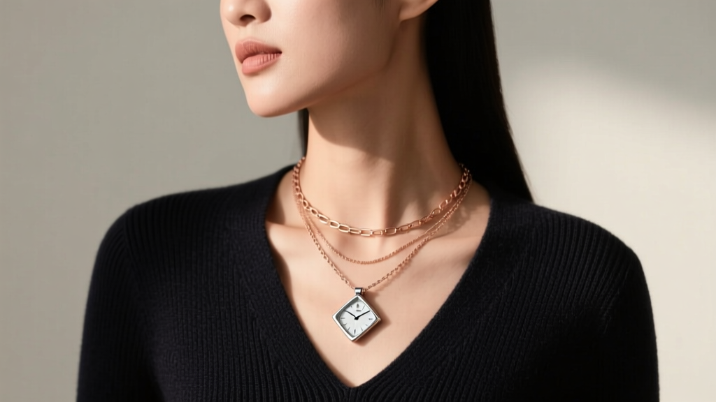 Model wearing a layered stack with a rose gold analog chain and a minimalist silver smart pendant over a dark V-neck knit sweater.