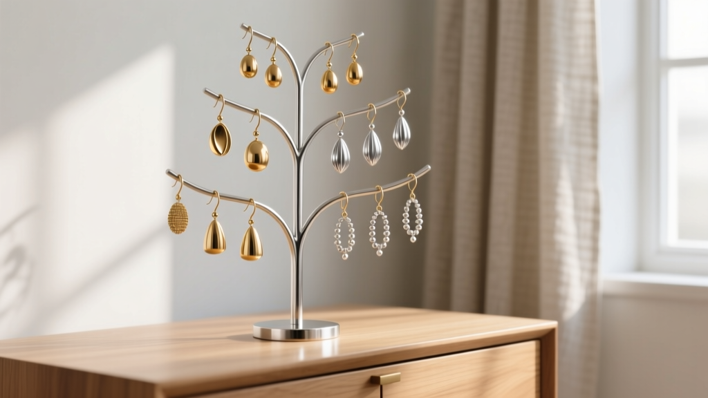 Aluminum earring tree displaying brass and silver dangle earrings, standing on a wooden dresser in a bright room with natural light