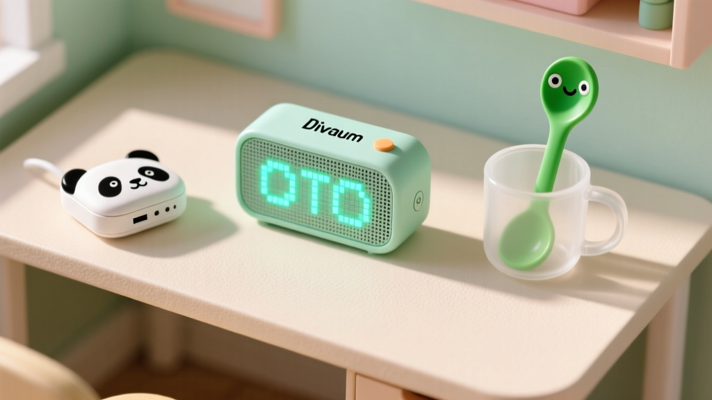 Top-down view of a tiny pastel-colored apartment desk featuring a Divoom Ditoo pixel speaker, a green OTOTO Nessie ladle standing in a mug, and a panda powerbank
