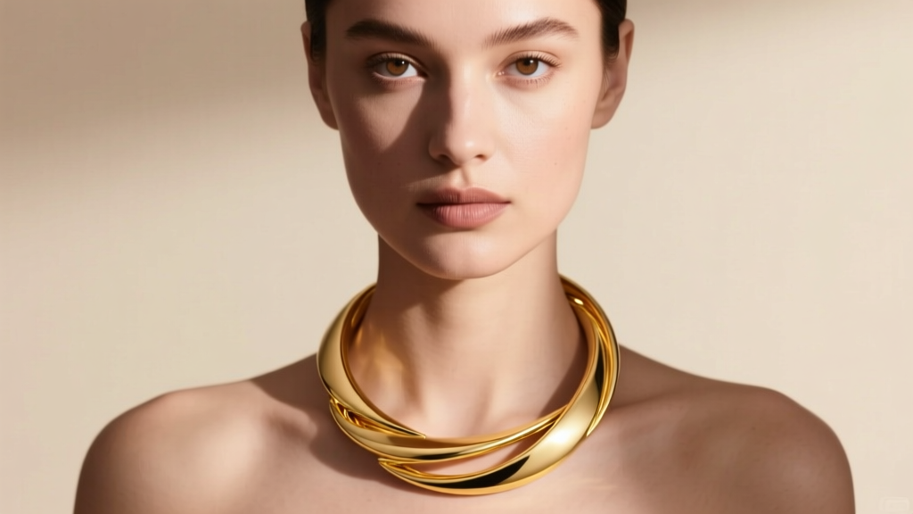 Woman wearing a rigid 14k yellow gold hoop torc necklace against a soft beige background, highlighting smooth metal reflection