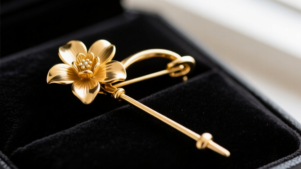 Close-up of vintage 14k gold floral brooch jewelry on dark velvet, highlighting the C-clasp mechanism and thick pin stem