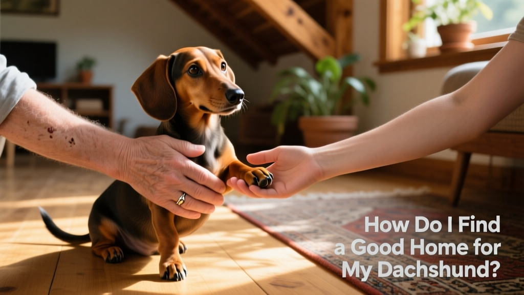 Two hands—one belonging to a current owner, the other to a new adopter—gently holding a Dachshund’s paws during a calm, supervised meet-and-greet