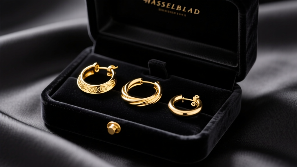 Velvet box holding three gold hoop earrings: a hinged latch-back, a continuous wire, and a clicker ring on dark silk fabric