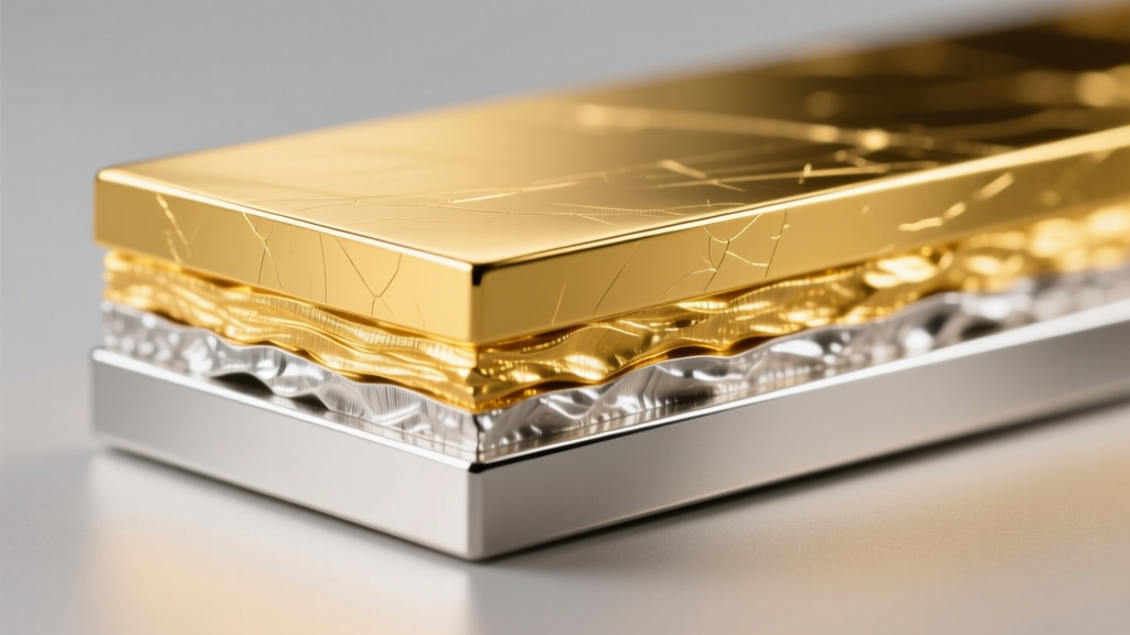 Cross-section illustration showing a thick layer of 18k yellow gold electroplated over a polished sterling silver base metal core